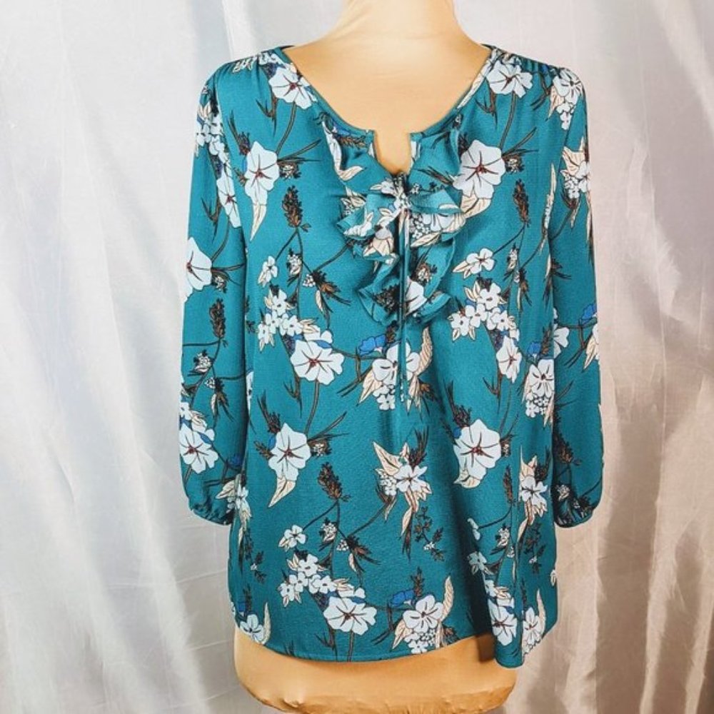 NEW DIRECTIONS Ruffled V-Neck Three Quarter Puff Sleeve Floral Top Turquoise Med
